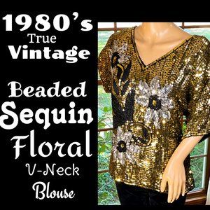 ⭐️HP(X2)⭐️VTG▪️1980's Beaded Gold Sequin Floral V-Neck Short Sleeve Blouse